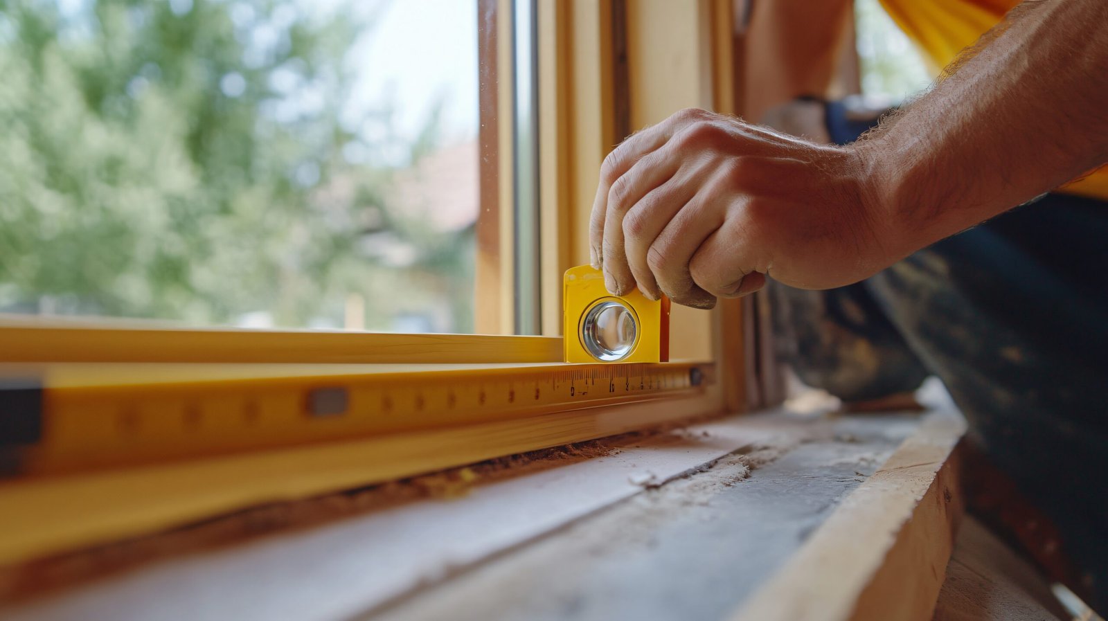 Pracownik firmy remontowej sprawdza poziomicą precyzyjny montaż ramy okiennej i parapetu.