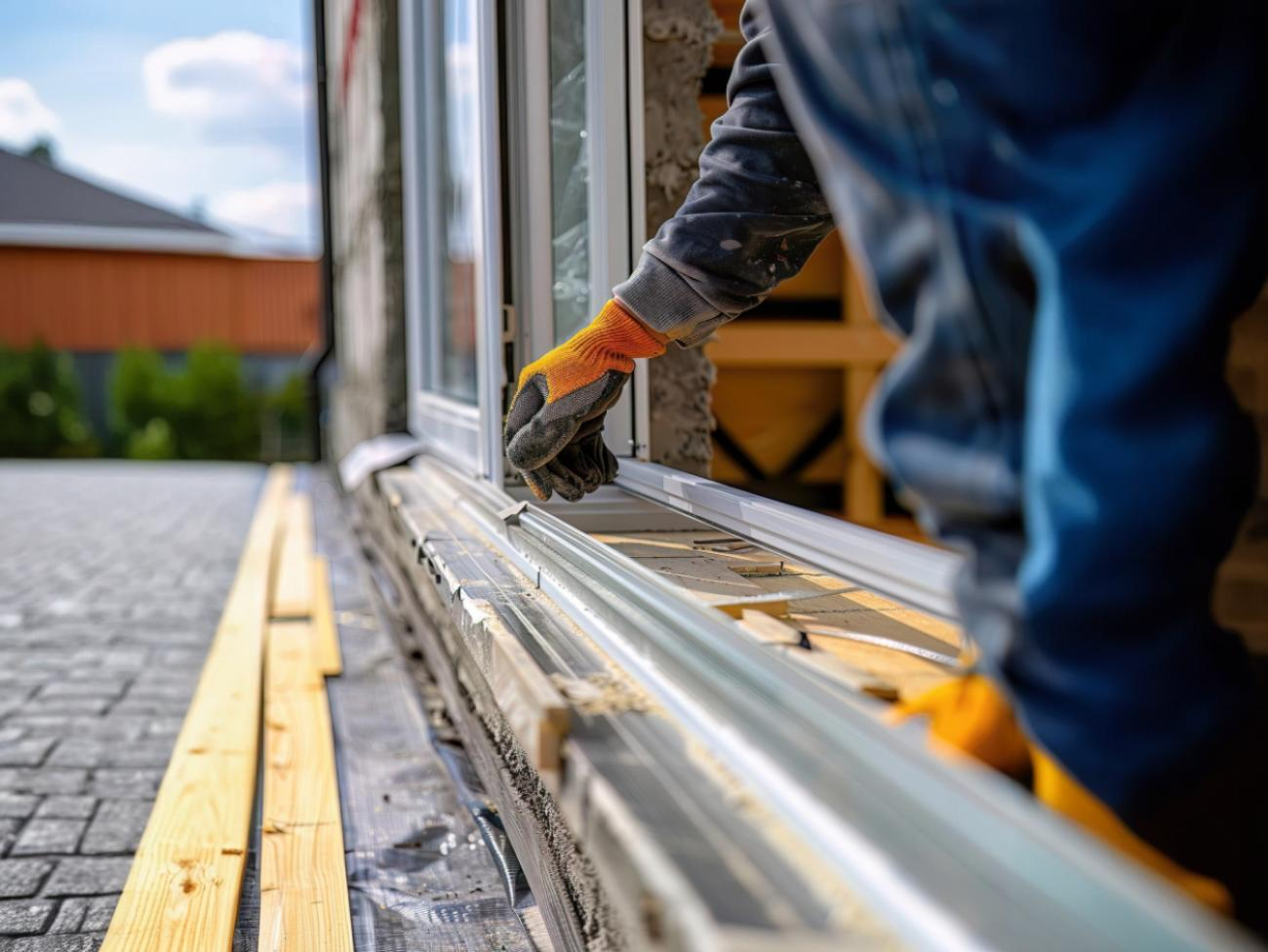 Białe okno wykuszowe zamontowane w ceglanej elewacji domu, widok z zewnątrz.