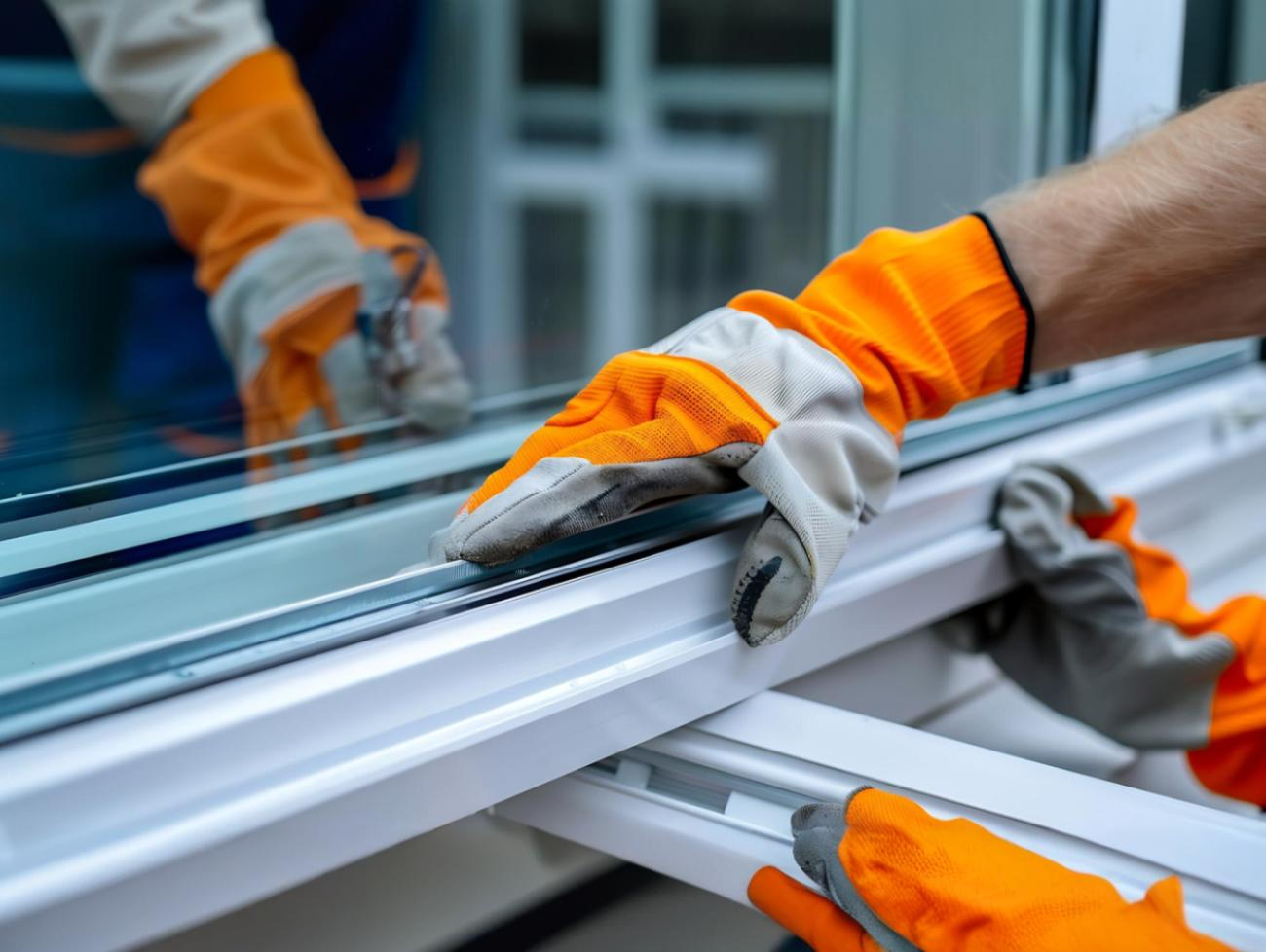 Fasada domu z cegły z nowo zamontowanymi białymi oknami i ciemnymi drzwiami wejściowymi.